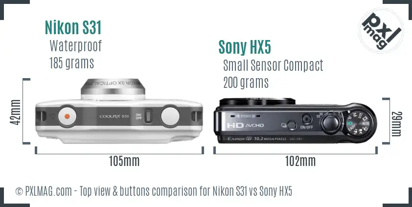 Nikon S31 vs Sony HX5 top view buttons comparison Nikon S31 vs Sony HX5 top view buttons comparison