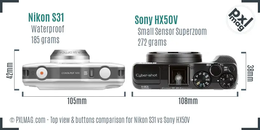 Nikon S31 vs Sony HX50V top view buttons comparison Nikon S31 vs Sony HX50V top view buttons comparison