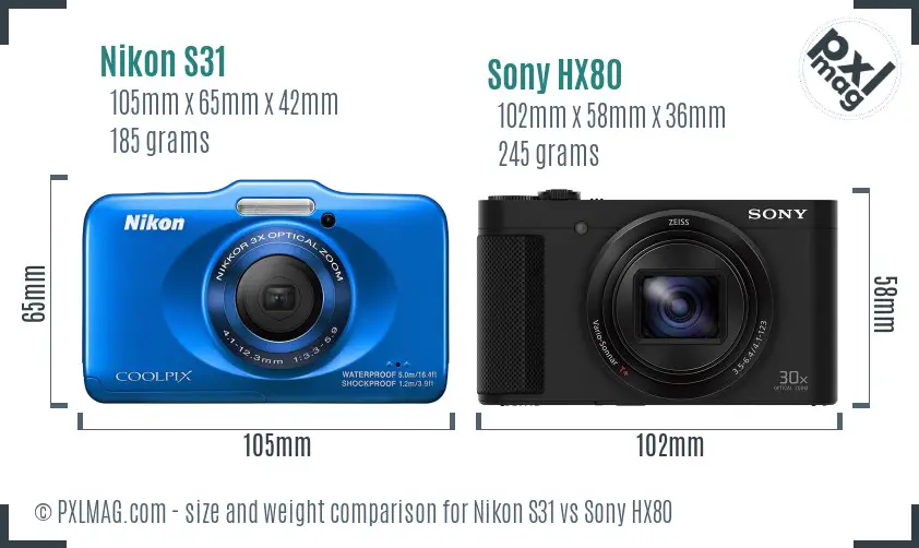 Nikon S31 vs Sony HX80 size comparison