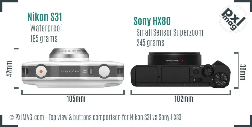 Nikon S31 vs Sony HX80 top view buttons comparison