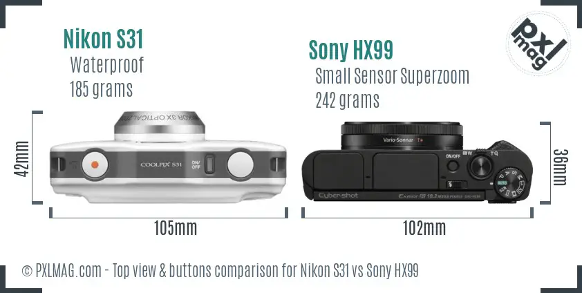 Nikon S31 vs Sony HX99 top view buttons comparison