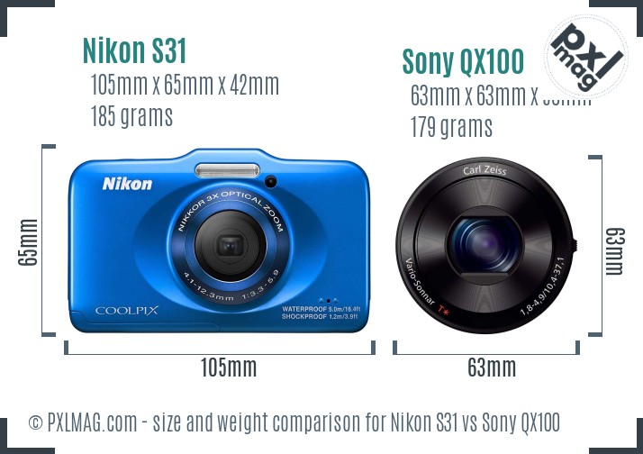 Nikon S31 vs Sony QX100 size comparison