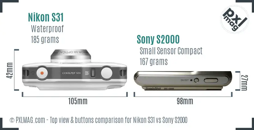 Nikon S31 vs Sony S2000 top view buttons comparison Nikon S31 vs Sony S2000 top view buttons comparison