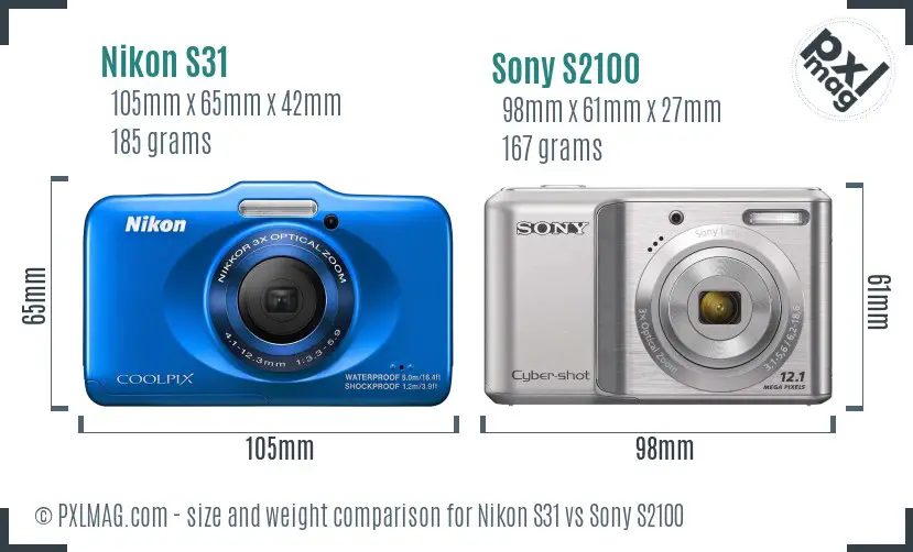 Nikon S31 vs Sony S2100 size comparison