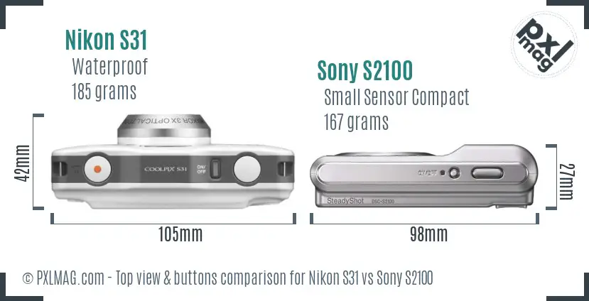 Nikon S31 vs Sony S2100 top view buttons comparison