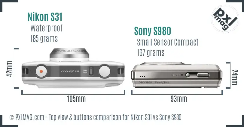 Nikon S31 vs Sony S980 top view buttons comparison