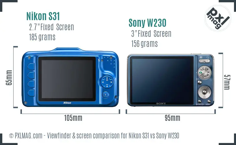 Nikon S31 vs Sony W230 Screen and Viewfinder comparison