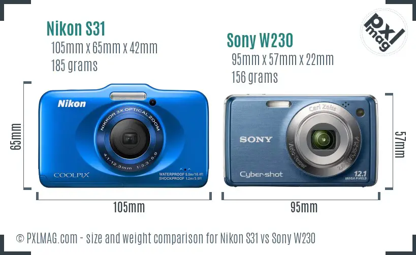 Nikon S31 vs Sony W230 size comparison