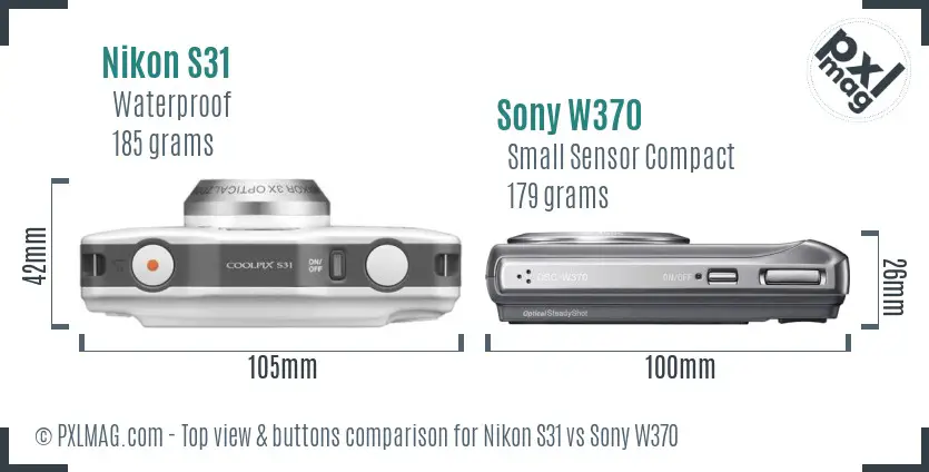 Nikon S31 vs Sony W370 top view buttons comparison