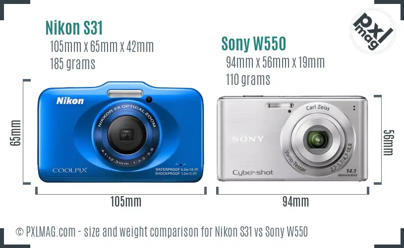 Nikon S31 vs Sony W550 size comparison