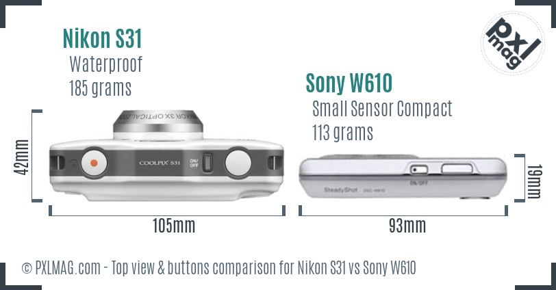 Nikon S31 vs Sony W610 top view buttons comparison