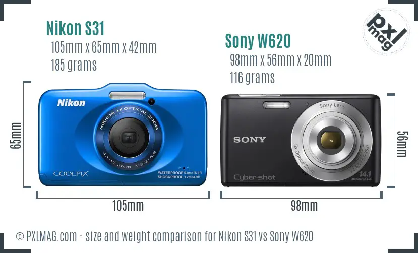 Nikon S31 vs Sony W620 size comparison