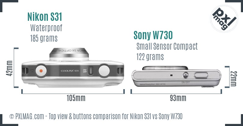 Nikon S31 vs Sony W730 top view buttons comparison