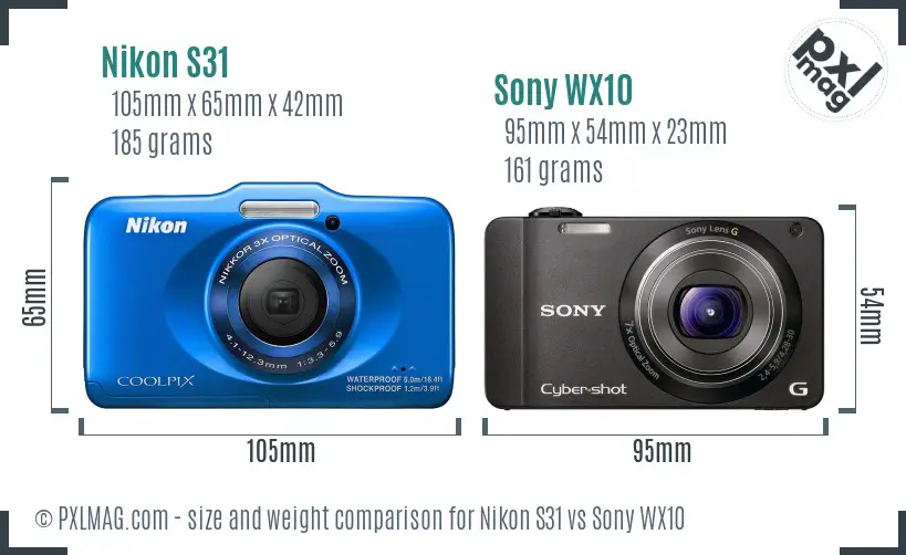 Nikon S31 vs Sony WX10 size comparison
