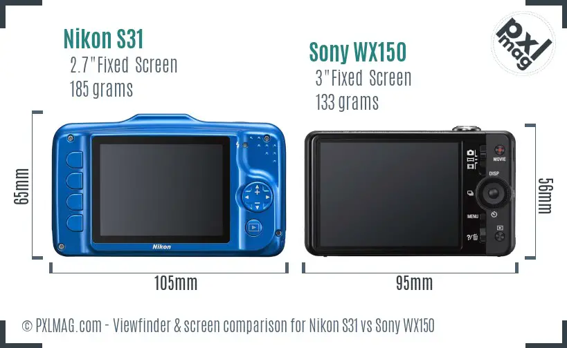 Nikon S31 vs Sony WX150 Screen and Viewfinder comparison