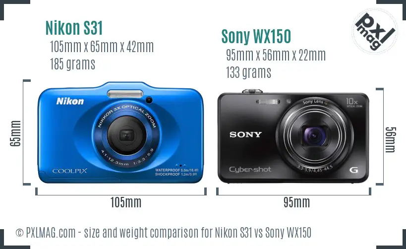 Nikon S31 vs Sony WX150 size comparison