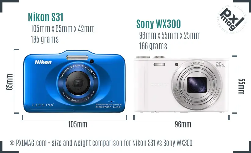 Nikon S31 vs Sony WX300 size comparison