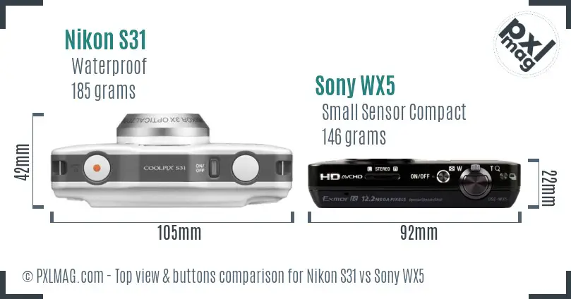 Nikon S31 vs Sony WX5 top view buttons comparison