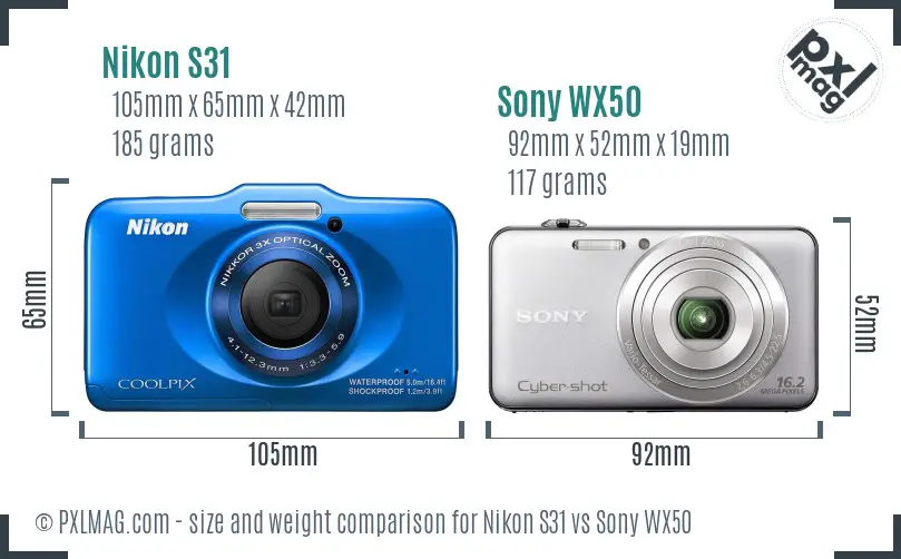 Nikon S31 vs Sony WX50 size comparison