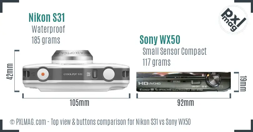 Nikon S31 vs Sony WX50 top view buttons comparison