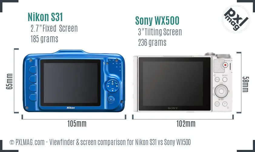 Nikon S31 vs Sony WX500 Screen and Viewfinder comparison