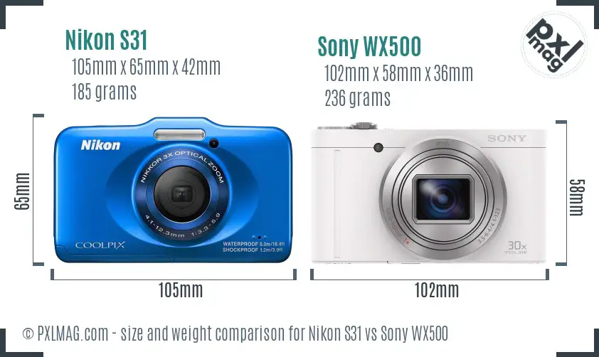 Nikon S31 vs Sony WX500 size comparison