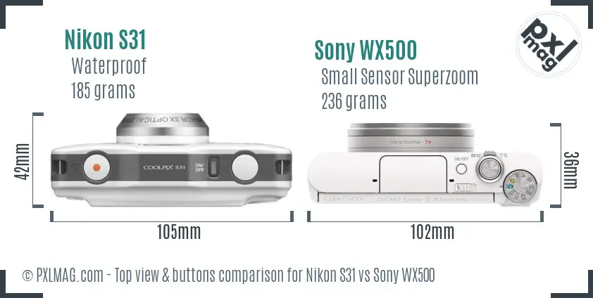 Nikon S31 vs Sony WX500 top view buttons comparison
