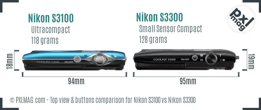 Nikon S3100 vs Nikon S3300 top view buttons comparison Nikon S3100 vs Nikon S3300 top view buttons comparison
