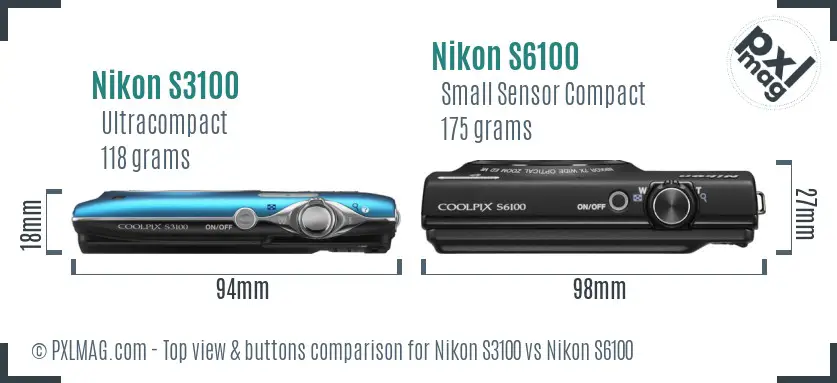 Nikon S3100 vs Nikon S6100 top view buttons comparison Nikon S3100 vs Nikon S6100 top view buttons comparison