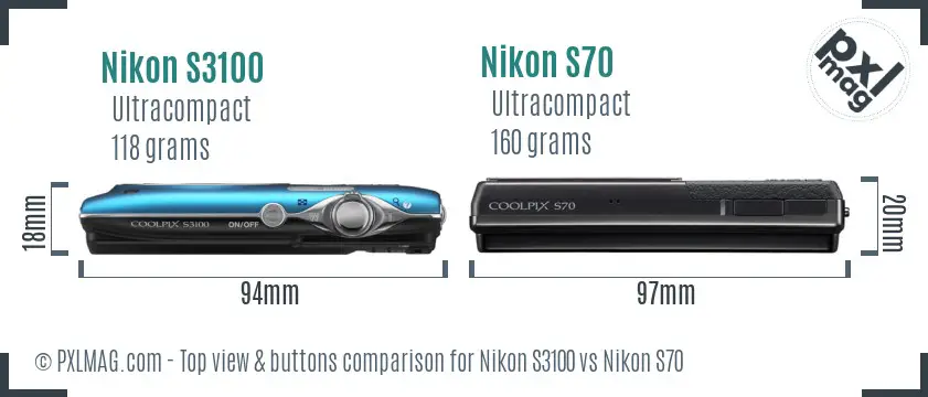Nikon S3100 vs Nikon S70 top view buttons comparison