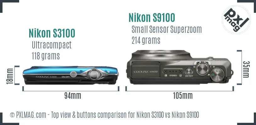 Nikon S3100 vs Nikon S9100 top view buttons comparison