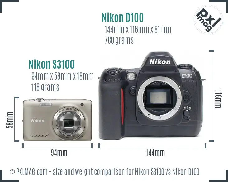 Nikon S3100 vs Nikon D100 size comparison