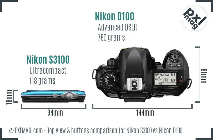 Nikon S3100 vs Nikon D100 top view buttons comparison