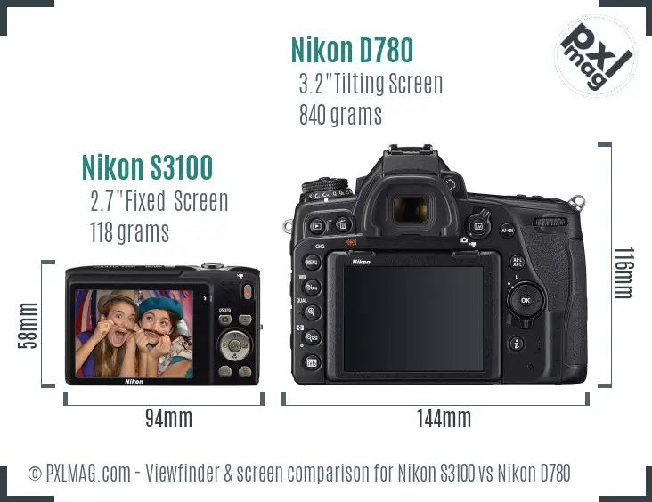 Nikon S3100 vs Nikon D780 Screen and Viewfinder comparison