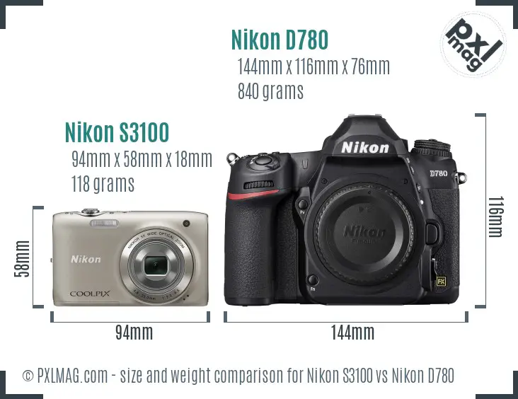 Nikon S3100 vs Nikon D780 size comparison