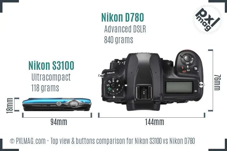 Nikon S3100 vs Nikon D780 top view buttons comparison