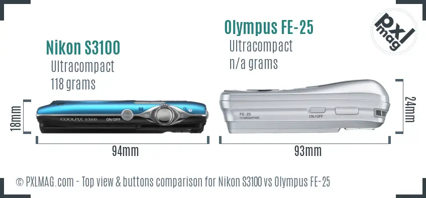 Nikon S3100 vs Olympus FE-25 top view buttons comparison