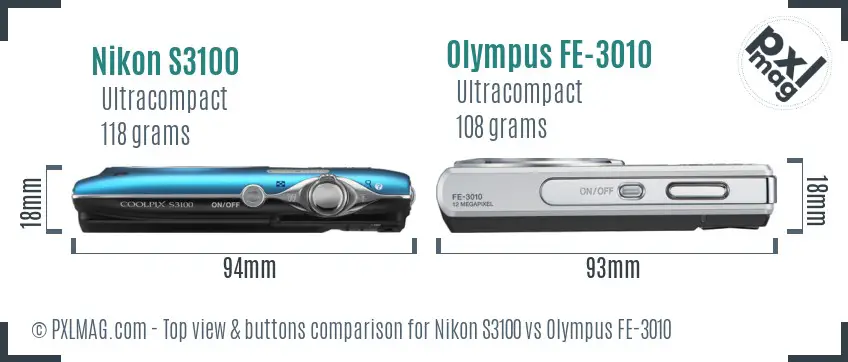 Nikon S3100 vs Olympus FE-3010 top view buttons comparison