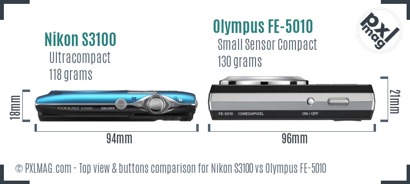 Nikon S3100 vs Olympus FE-5010 top view buttons comparison