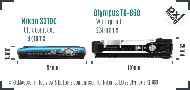 Nikon S3100 vs Olympus TG-860 top view buttons comparison