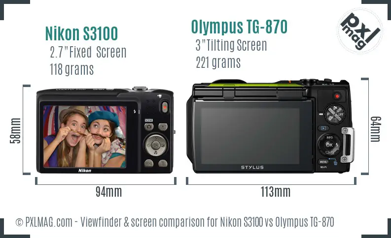 Nikon S3100 vs Olympus TG-870 Screen and Viewfinder comparison