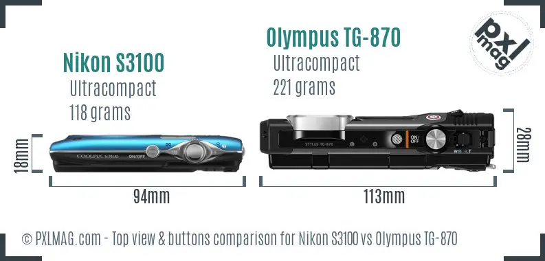 Nikon S3100 vs Olympus TG-870 top view buttons comparison