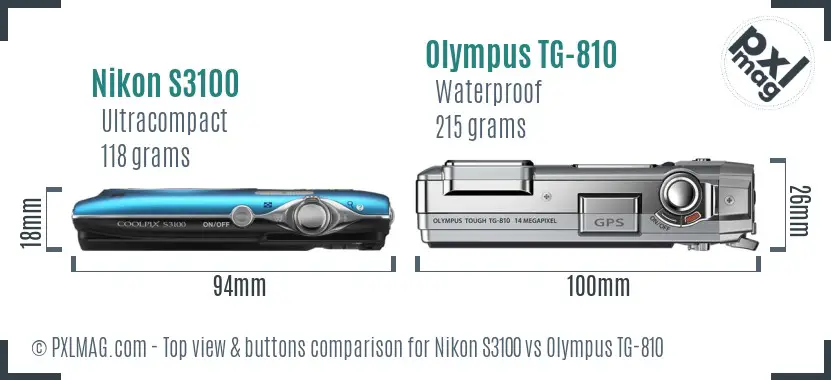Nikon S3100 vs Olympus TG-810 top view buttons comparison