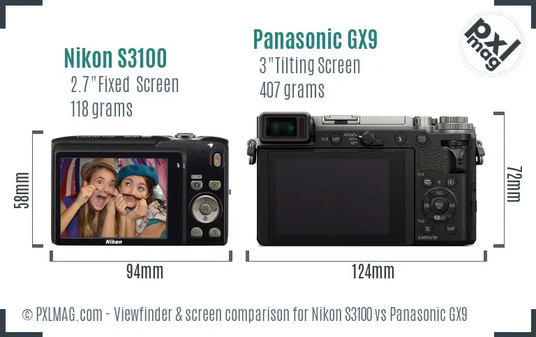 Nikon S3100 vs Panasonic GX9 Screen and Viewfinder comparison