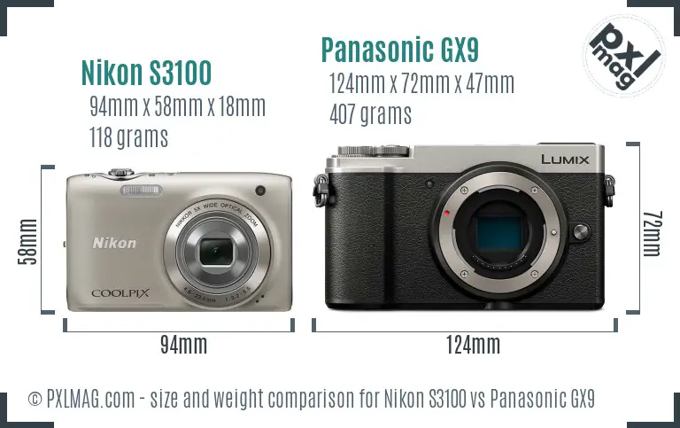 Nikon S3100 vs Panasonic GX9 size comparison