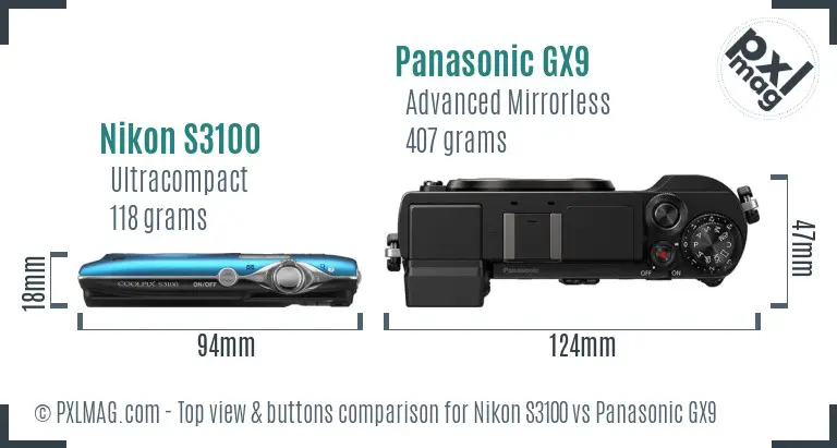 Nikon S3100 vs Panasonic GX9 top view buttons comparison