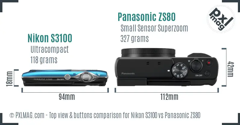 Nikon S3100 vs Panasonic ZS80 top view buttons comparison Nikon S3100 vs Panasonic ZS80 top view buttons comparison