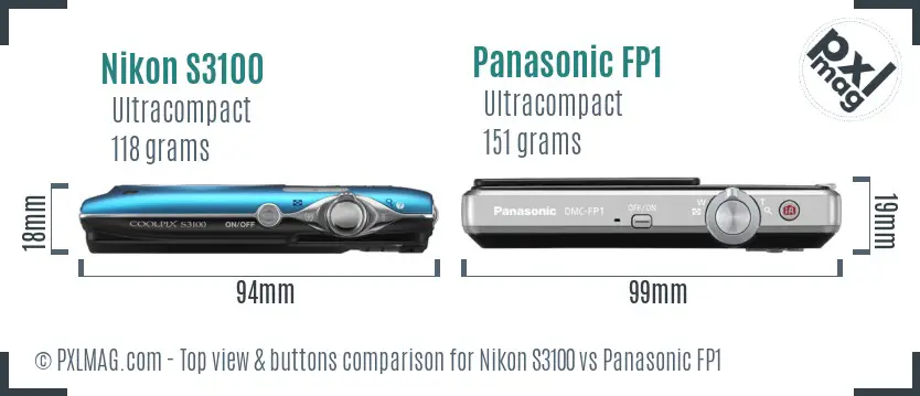 Nikon S3100 vs Panasonic FP1 top view buttons comparison