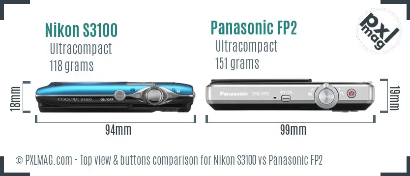 Nikon S3100 vs Panasonic FP2 top view buttons comparison