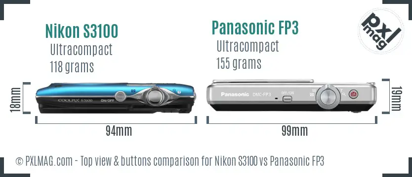 Nikon S3100 vs Panasonic FP3 top view buttons comparison